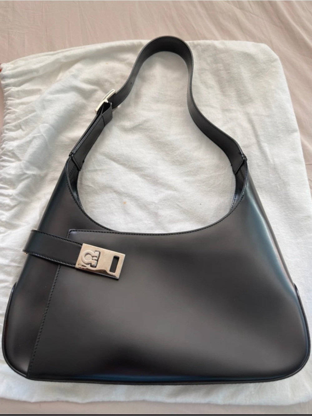 Salvatore Ferragamo Black Box Calfskin Gancini Hobo Bag